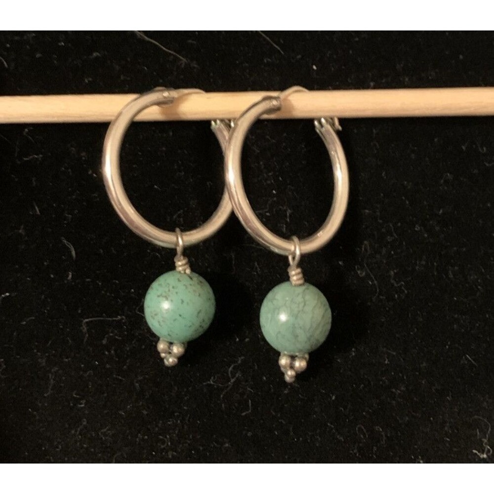 Vintage JWR Sterling Silver Turquoise Bead Hoop Earrings Designer